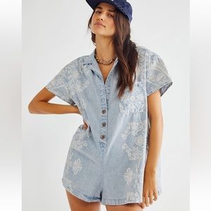 Free People Claudia Denim Printed Relaxed Romper  Size Small